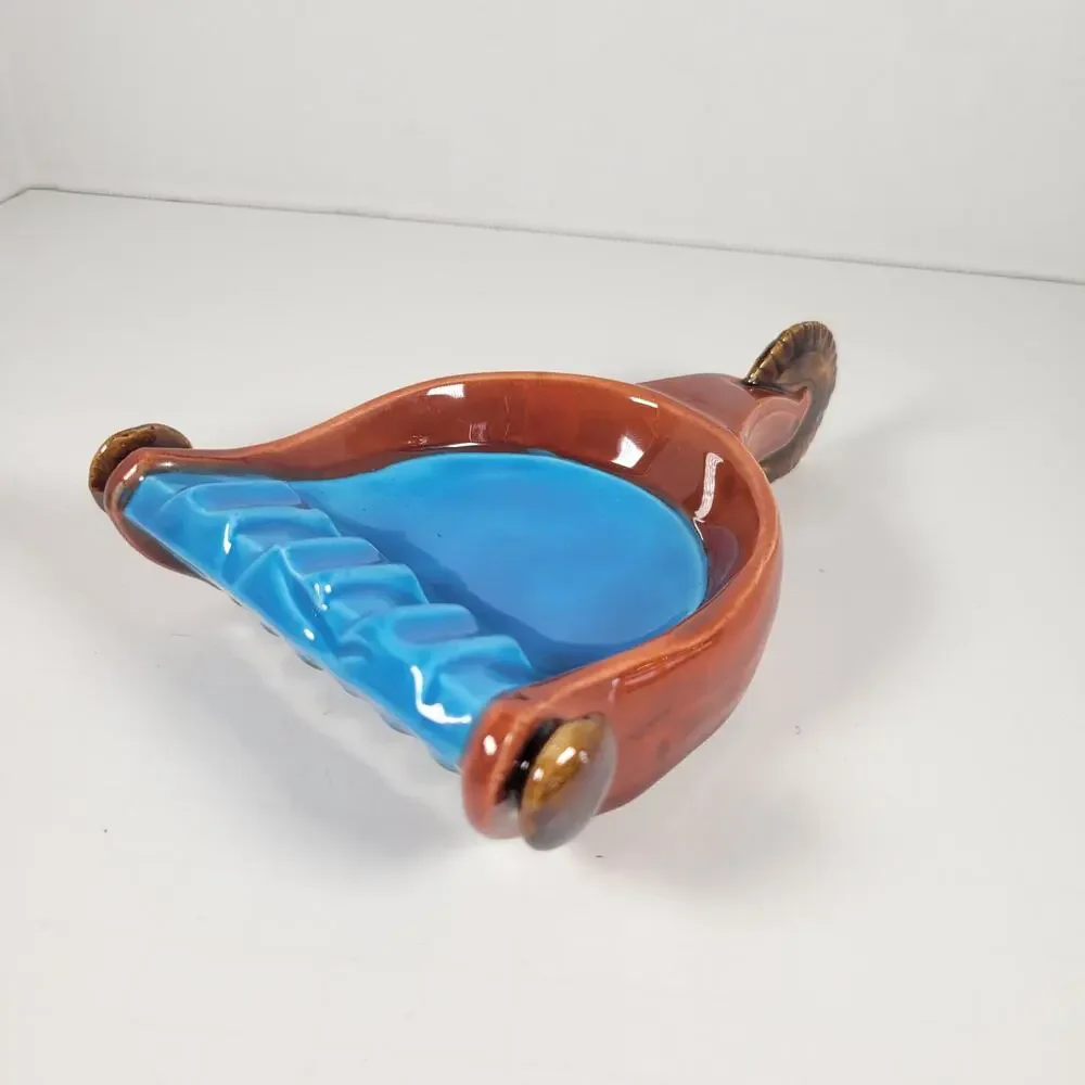 Spur Ashtray with Handle, Mid-Century Modern Farmhouse Vintage Blue and Brown